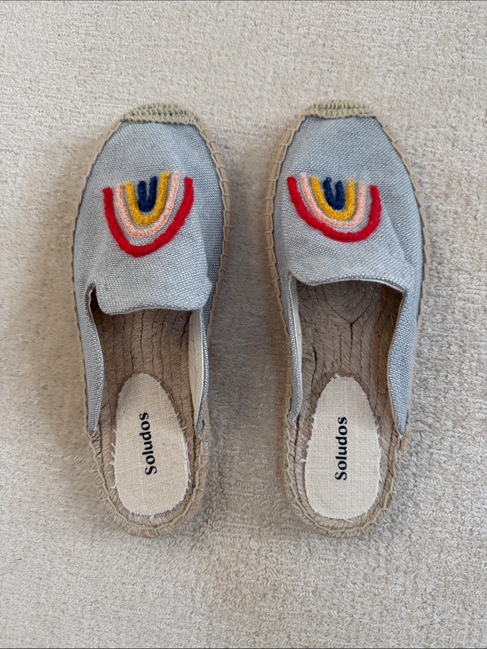 Soludos Light Blue Canvas Slip-On Espadrilles with Rainbow Stitching